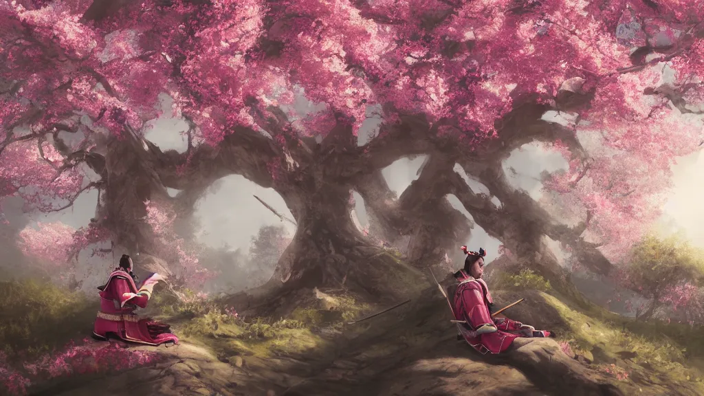 Prompt: beautiful painting of an armoured samurai meditating under a blossom tree, realistic, digital painting, concept art, matte painting, cinematic night lighting, 8 k, highly detailed, detailed terrain, trending artstation