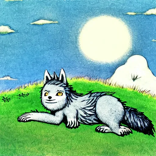 Prompt: view from side of fluffy baby grey wolf sitting on a grassy hill with rocks around it looking up at the clouds, award winning illustration by maurice sendak where the wild things are