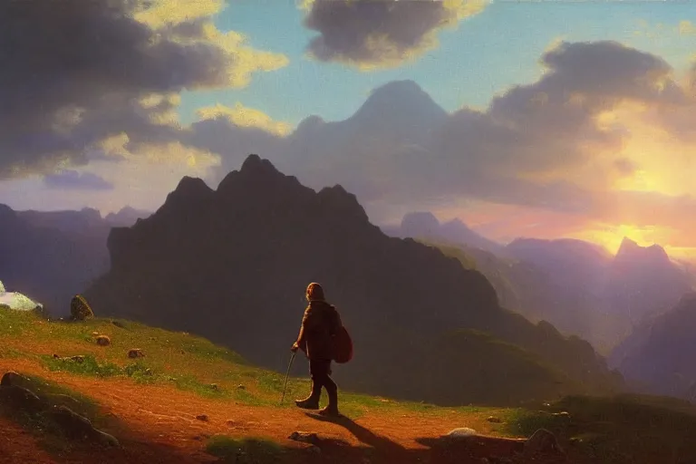 Image similar to a traveler wandering trough the mountains looking at the clouds, very detailed, focused, oil painting, cinematic lighting, albert bierstadt, trending on artstation, colorful, canvas, sunset, hans dahl, theodor kittelsen, hermann hendrich, national geographic, Konstantin Yakovlevich Kryzhitsky, beautiful nature, breathtaking, nordic