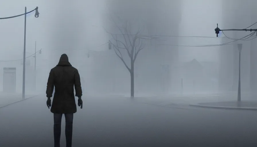 Image similar to a man standing, silent hill streets, fog, empty streets, hyperdetailed, artstation, cgsociety, 8 k