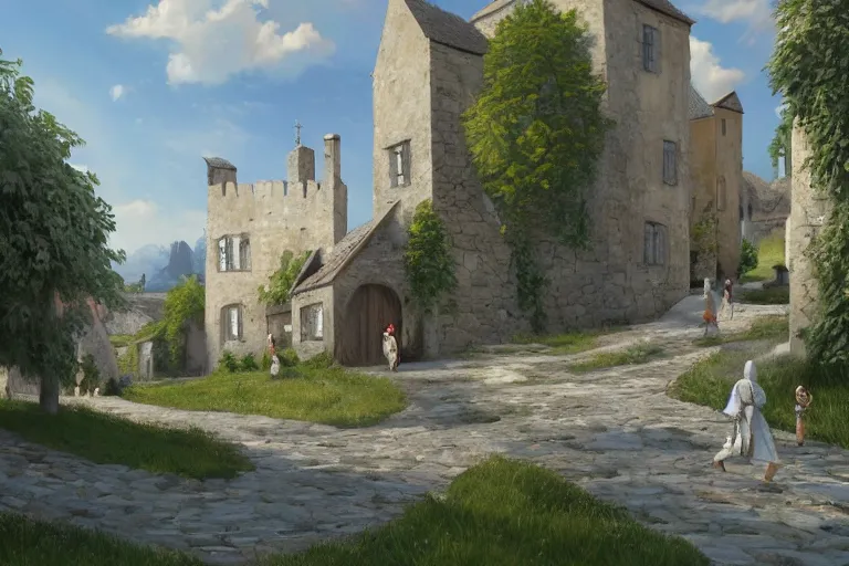 Image similar to A small medieval village with white rectangular architecture in an open field, a winding white stone pathwalk and a small brook running through, clear blue skies in the background, by Sylvain Sarrailh, D&D, high fantasy, 8k photorealistic, cinematic lighting, HD, high details, concept art, trending on artstation