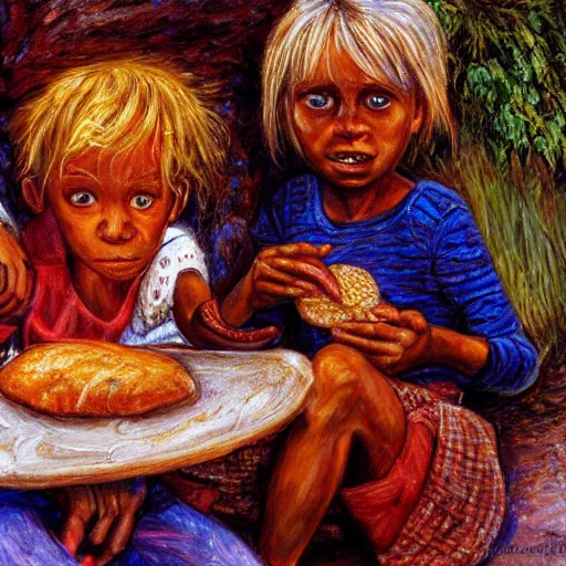 Prompt: oil painting of a malnourished ugandan boy sharing bread with a blond well fed child american, by josephine wall