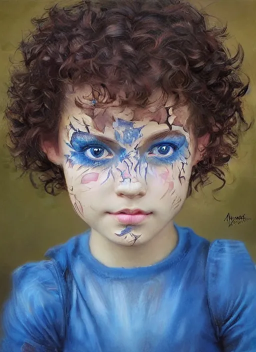 Prompt: a little girl with short curly brown hair and blue eyes with her face painted. face painting of flowers. beautiful highly detailed face. painting by artgerm and greg rutkowski and raymond swanland.