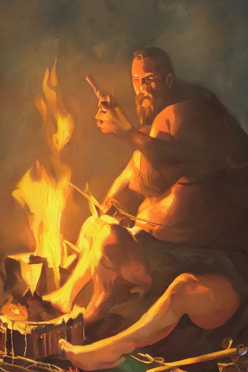 Prompt: a dramatic, ethereal painting of a handsome thicc mischievous cowboy shirtless sitting behind a campfire at night with food and jugs of whisky | tarot!! card, art deco, art nouveau | by Mark Maggiori | trending on artstation