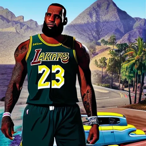 Prompt: lebron james in gta v cover art, art by stephen bliss, matte painting sharp focus