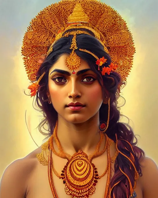 Image similar to portrait of a gaea goddess, upper body, decorated with hindu aesthetics, hindu, traditional art, intricate, elegant, highly detailed, digital painting, artstation, concept art, smooth, sharp focus, illustration, art by artgerm and greg rutkowski and alphonse mucha, 8 k