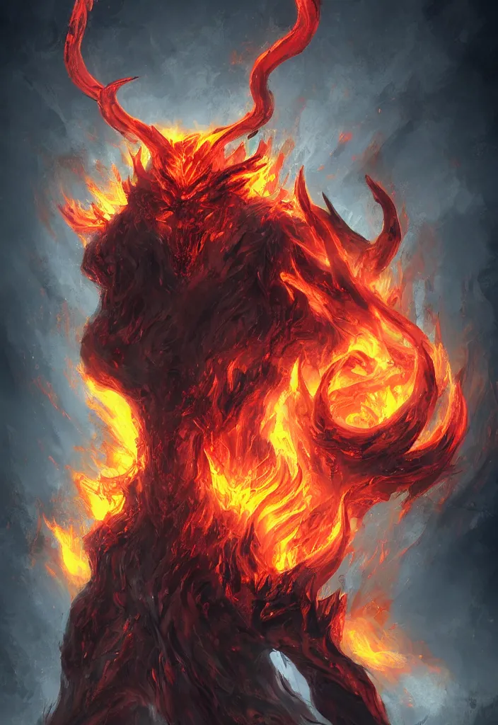 Image similar to fiery god as a demon in a fiery hell, eerie, dark, magical, fantasy, trending on artstation, digital art.