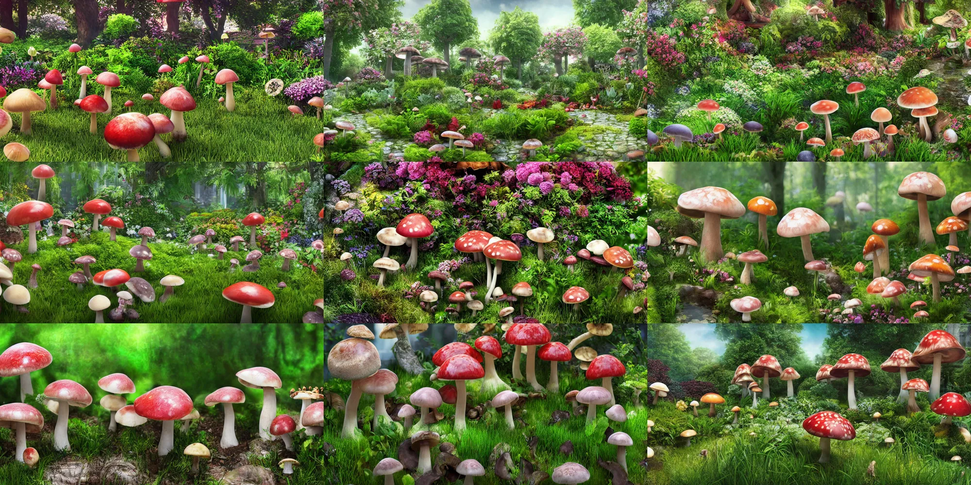 Prompt: a pretty garden with mushrooms growing everywhere, photorealism, hyperrealism photography hyper real resolution cinematic