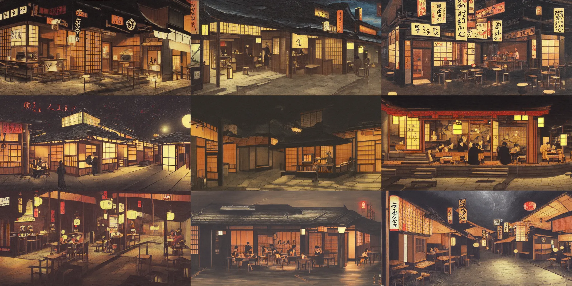 Image similar to A Japanese cafe in the style of the Nighthawk painting, highly detailed, mysterious atmosphere