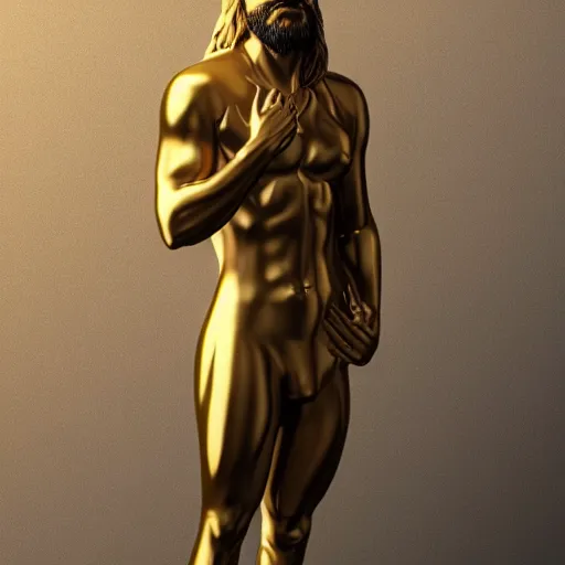 Prompt: a flawless, purely golden man with long hair, with trimmed beard, completely expressionless, casting golden light. entirely golden statue, extremely detailed, full-body statue, award-winning art, trending on Artstation