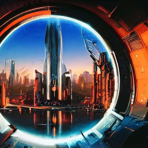 Prompt: centered circular derelict portal in a middle of a futuristic cityscape, world seen only through a portal, daylight, cinematic perspective, cinematic lighting, blue sky, syd mead, john harris, symmetrical