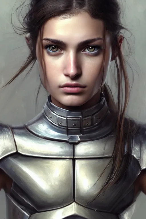 Image similar to a photorealistic painted portrait of an attractive young girl, partially clothed in dull metal-plated battle armor, olive skin, long dark hair, flawless skin, beautiful bone structure, symmetric facial features, perfect photorealistic eyes, natural physique, intricate, elegant, digital painting, concept art, finely detailed, beautifully illustrated, sharp focus, minimal artifacts, from Metal Gear, by Ruan Jia and Mandy Jurgens and Artgerm and William-Adolphe Bouguerea, in the style of Greg Rutkowski, trending on Artstation, award winning art