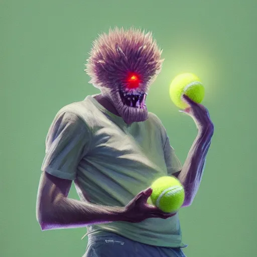 Image similar to highly detailed vfx portrait of a character of a tennis ball monster stephen bliss, chalk, unrealengine, greg rutkowski, loish, rhads, beeple, chalk, makoto shinkai and lois van baarle, ilya kuvshinov, rossdraws, tom bagshaw, basil gogos