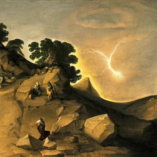 Image similar to Sisyphus pushing a rockup a hill, lit by a full moon, dynamic lightning, baroque elements