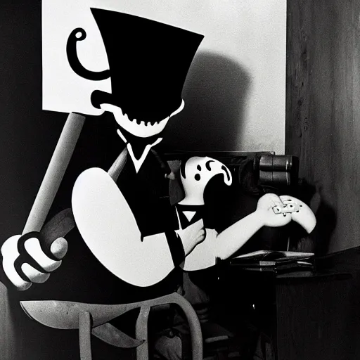 Prompt: a black and white photograph of a man beating a computer with a baseball bat, by gary baseman, robert crumb, jim henson, photorealistic, surreal, high contrast, film photography