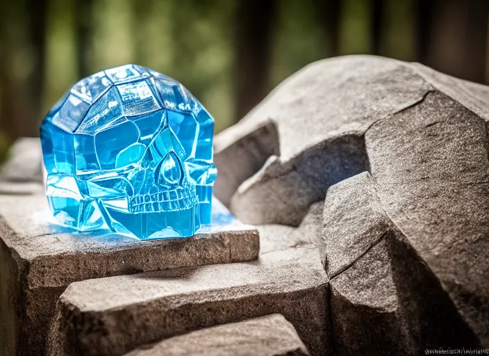 Image similar to crystal skull encased in crystal cube. On a pedestal in ancient ruins in the forest. Highly detailed 8k. Intricate. Nikon d850 55mm. Award winning photography.