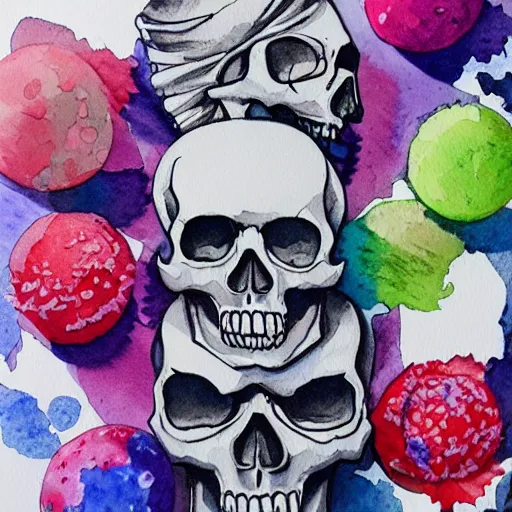 Image similar to watercolor art on paper, skull with bath bomb explosions all around, highly detailed, artstation, masterpiece, award - winning