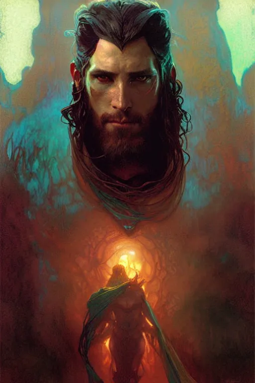 Prompt: attractive man, elden ring, cool colors, painting by gaston bussiere, craig mullins, greg rutkowski, alphonse mucha