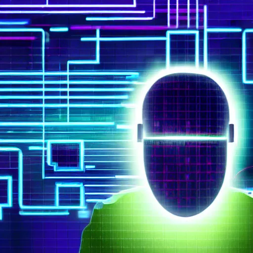 Image similar to close up portrait of cyber hacker plugged into computer, neon lights, pixel art