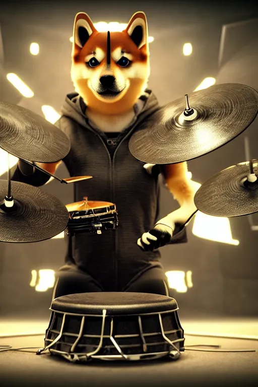 Prompt: high quality 3 d render very cute cyborg shiba inu plays drums!, cyberpunk highly detailed, unreal engine cinematic smooth, in the style of blade runner & pixar, hannah yata charlie immer, moody light, low angle, uhd 8 k, sharp focus