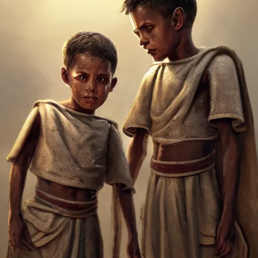 Image similar to portrait, 5 year old male twins in ancient Canaanite clothing looking at each other suspiciously, dramatic lighting, cinematic, establishing shot, high detail, photo realistic, cinematic lighting, post processed, concept art, artstation, matte painting, style by eddie mendoza, raphael lacoste, alex ross