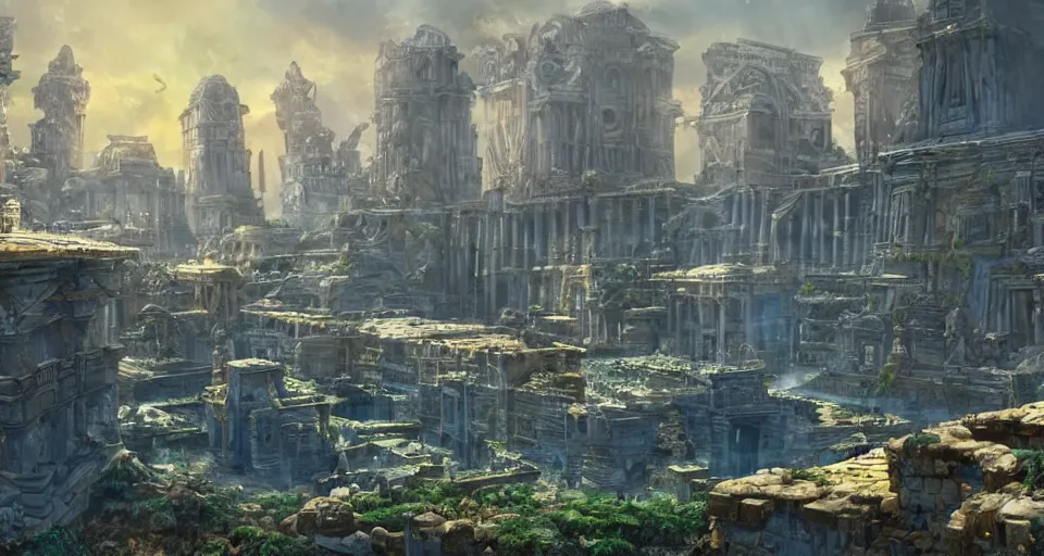 Image similar to ancient city of atlantis with big buildings in gold, overgrown, fantasy, magical, cinematic, establishing shot, atmospheric lighting, extremely detailed, intricate, sharp focus, coherent