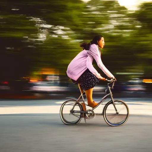 Prompt: an asian girl rides a bicycle on the street at dusk