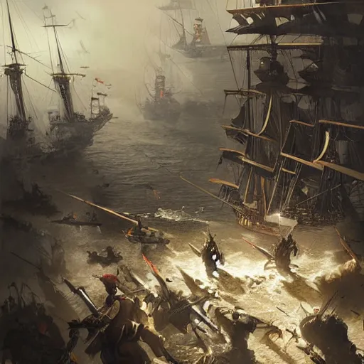 Image similar to close up of biggest pirate battle ever, realistic shaded, fine details, realistic shaded lighting poster by greg rutkowski