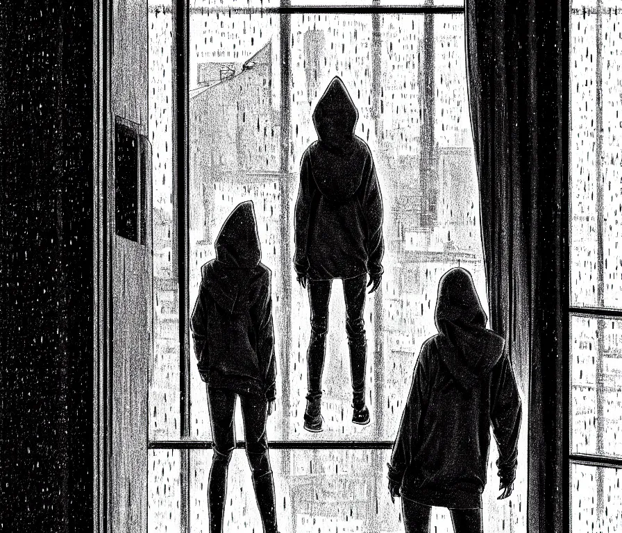 Image similar to sadie sink in hoodie, knees tucked in, on windowsill | rain falls at night : b & w storyboard drawing, scifi cyberpunk. by gabriel hardman, joe alves, chris bonura. cinematic atmosphere, detailed and intricate, perfect anatomy