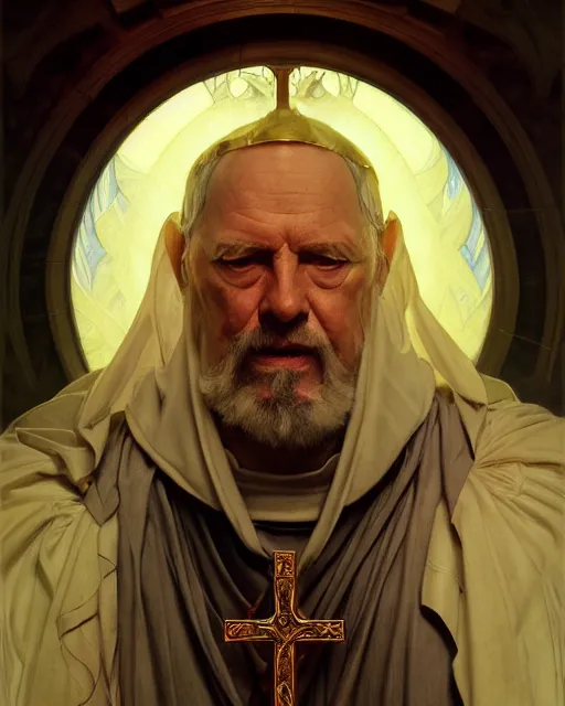 Image similar to realistic portrait of a nasty bishop, cross, evil, heroic pose, beautiful face, bible, full body, dramatic lighting, intricate, wild, highly detailed, digital painting, artstation, concept art, smooth, sharp focus, illustration, art by artgerm and greg rutkowski and alphonse mucha, footage from space camera