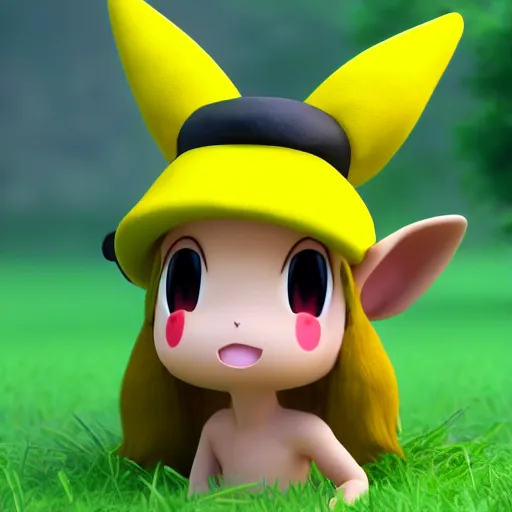 Image similar to nymph render of a very cute Pichu wearing straw hat pokemon, adorable eyes, cute smile, full round face, bright sunny time, serene forest setting, medium shot, mid-shot, highly detailed, trending on Artstation, Unreal Engine 4k