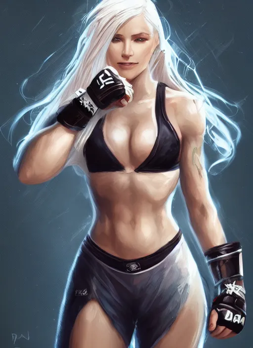 Prompt: a highly detailed illustration of beautiful platinum blonde woman wearing mma gear, dramatic smile pose intricate, elegant, highly detailed, centered, digital painting, artstation, concept art, smooth, sharp focus, league of legends concept art, WLOP