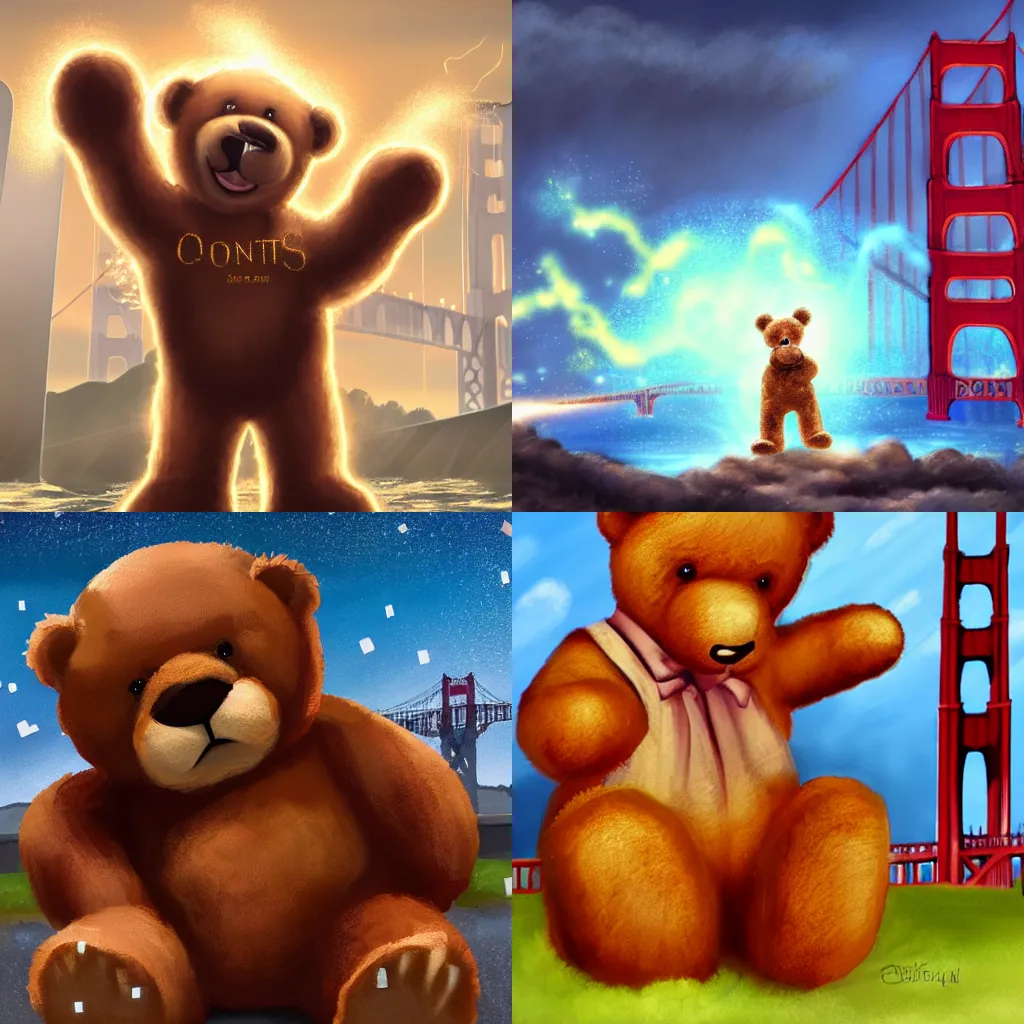 Prompt: harry faced the transfigured giant teddy bear which managed to be both cute and formidable as it loomed in front of the golden gate bridge. he focused and cast the counter spell with a shower of sparks | trending on artstation