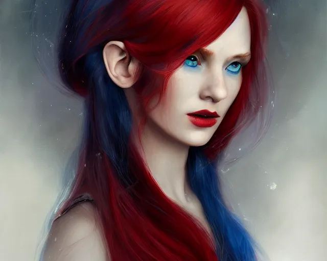 Image similar to A detailed matte oil on canvas head on symmetrical portrait of a distinguished elven woman with red and blue hair on an empty background, by Charlie bowater, Lise Deharme, Wlop, trending on artstationhd, dungeons and dragons art, parted hair , half blue, half red , split dye, critical role