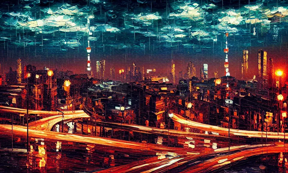 Image similar to the most beautiful landscape, oil painting, city like tokyo, night, raining, neon, desert, cinematic lighting, highly detailed, very realistic