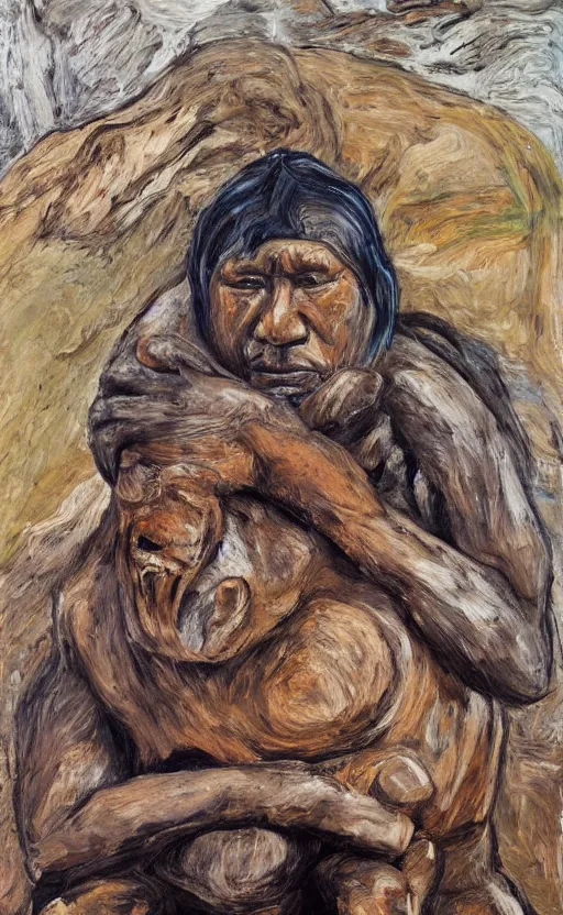 Prompt: full body shot picture of indigenous people leader leaning on a bear, painted by lucian freud, hd, super detailed, realistic, muted colors