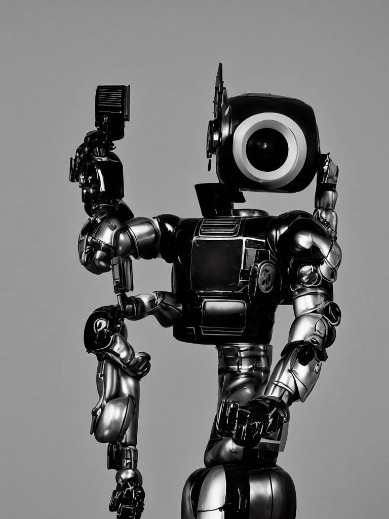 Image similar to “A perfectly centered beautiful 90mm black and white portrait photo of a retro-futuristic robot in Los Angeles, medium format photography, shallow depth of field”