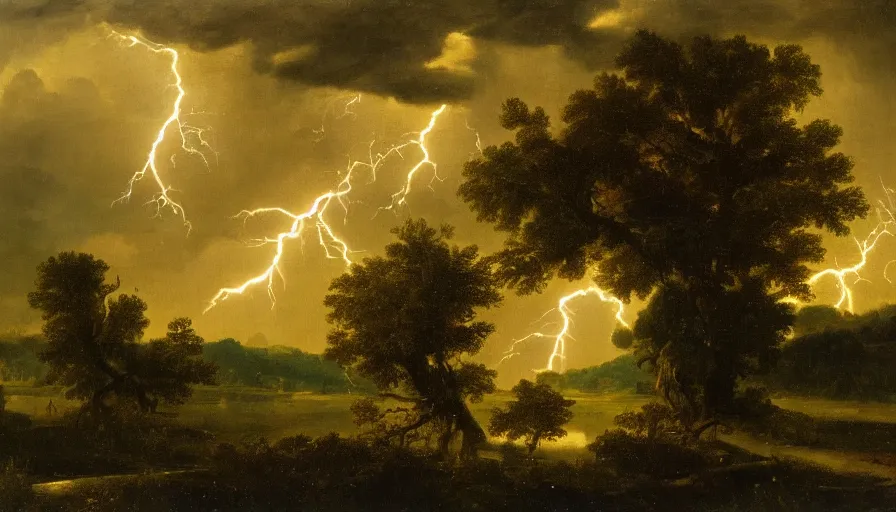 Image similar to A beautiful, highly-detailed oil painting of a rainy landscape; with lightning striking a lonely oak tree