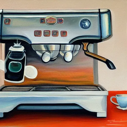 Image similar to a painting of an espresso machine that makes coffee from human souls