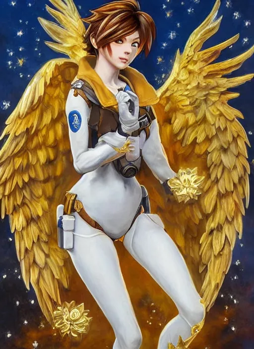 Image similar to full body oil painting of tracer overwatch in the style of sophie anderson, angel wings, angelic golden armor, dramatic painting, symmetrical composition, ornate, golden chains, high detail, gold detailed collar!!!!!, blooming, angelic, lights, flowers, heavenly, bright, detailed face,