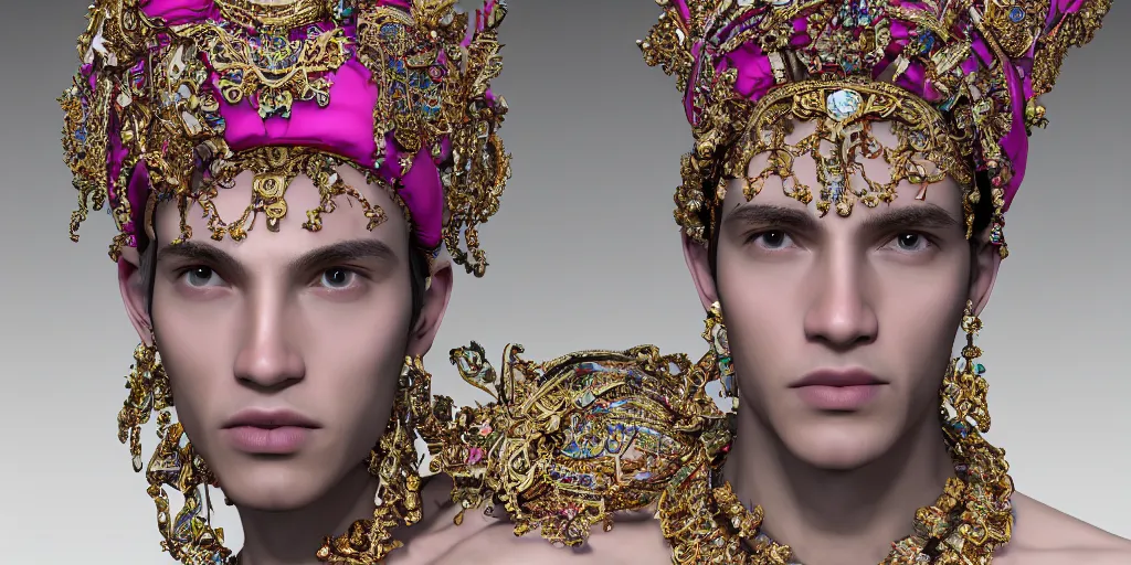 Image similar to dramatic studio portrait of a beautiful flawless symmetrical man wearing intricate otherworldly gold and white jewelry and wearing an ornate elegant pink headdress, hyper realism, very detailed, featured on zbrush central, rendered in cinema 4 d, minimalism, abstract art, f / 2. 8