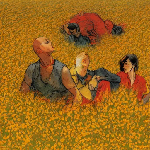 Image similar to 3 people in red desert drowning in a sea of yellow flowers, highly detailed, intricate, surreal, painting by Franz Marc, part by Yoji Shinkawa, part by Norman Rockwell, artstation