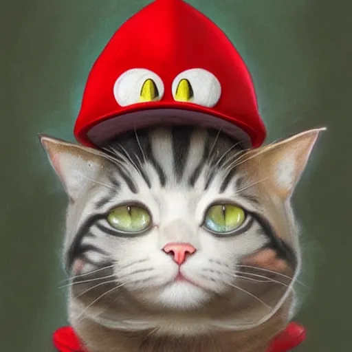 Image similar to Portrait of a Cat dressed as Super Mario, Mario hat, nintendo, highly detailed, digital painting, artstation, concept art, smooth, sharp focus, illustration, art by artgerm and greg rutkowski and alphonse mucha