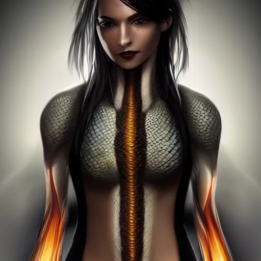 Prompt: snake human hybrid, chest up human lower half snake, long, black scales, bright amber eyes, chest coverd in scales, scales on her chest, formless brests, flat chest, no nipples, smileing nright, cinematographic shot