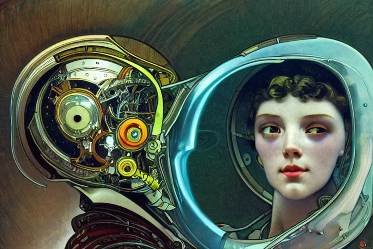 Prompt: portrait of a biomechanical head inside a futuristic space helmet, vintage, neon, white metal, iridescent visor, smooth, sharp focus, high detail, deviantart, art by Alphonse Mucha,