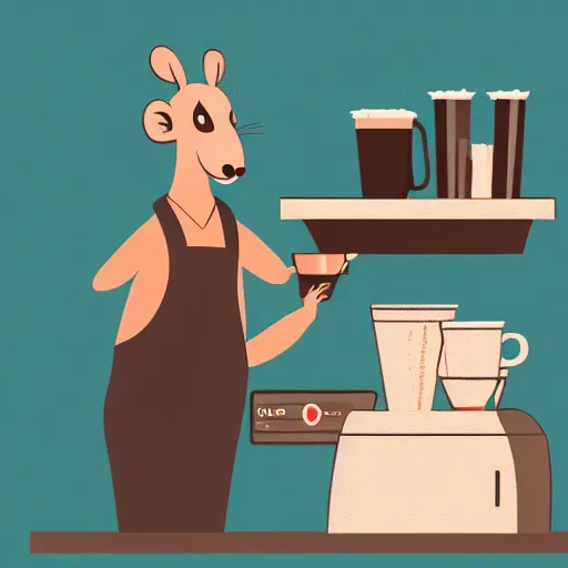 Prompt: a furry rat wearing a barista outfit pouring a cup of coffee in a cafe, soft lighting, digital illustration