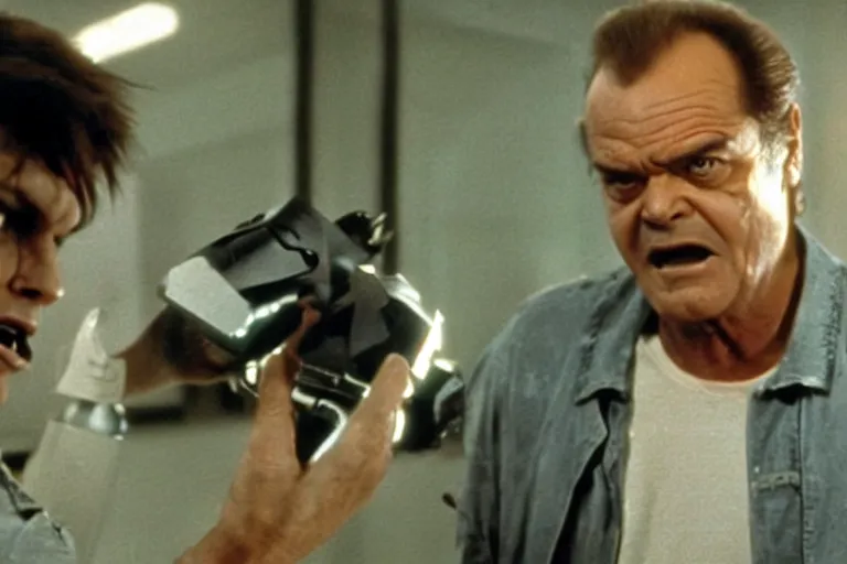 Prompt: Jack Nicholson plays Pikachu Terminator, scene where his endoskeleton gets exposed, still from the film
