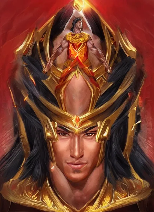 Prompt: a tall muscular man with chiseled features, black hair, and tanned skin. wears royal robes of red and gold and his expression is a witty smirk. he is lightsong the bold, the god of bravery. portrait painting by artgerm