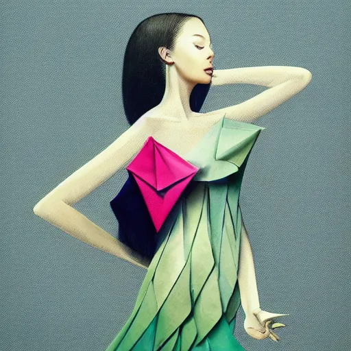 Image similar to 3 / 4 view of a beautiful girl wearing an origami dress, eye - level medium shot, hummingbirds, elegant, by eiko ishioka, givenchy, edgar degas, by peter mohrbacher, centered, fresh colors, origami, fashion, detailed illustration, vogue, high depth of field, japanese, reallusion character creator