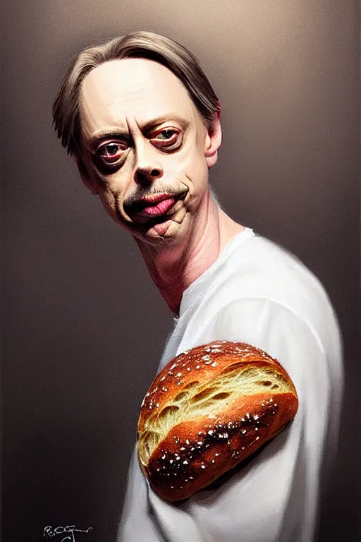 Image similar to beautiful portrait half steve buscemi wearing sourdough bread, by greg rutkowski